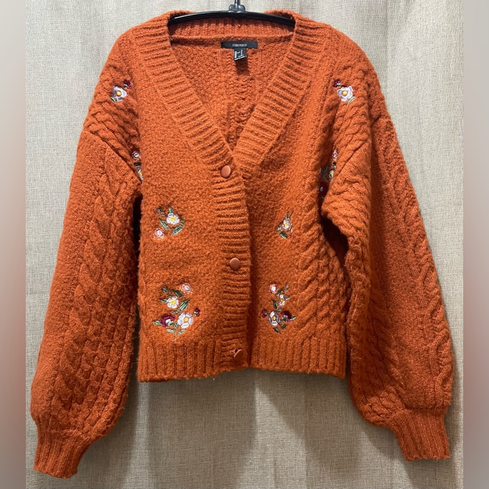 Forever 21 small Cable Knit Sweater with Floral Embroidery